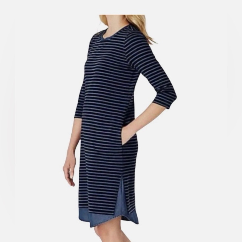 J Jill Dress Knit Denim 3/4 Stripes Preppy Comfort Small Minimalist Capsule
